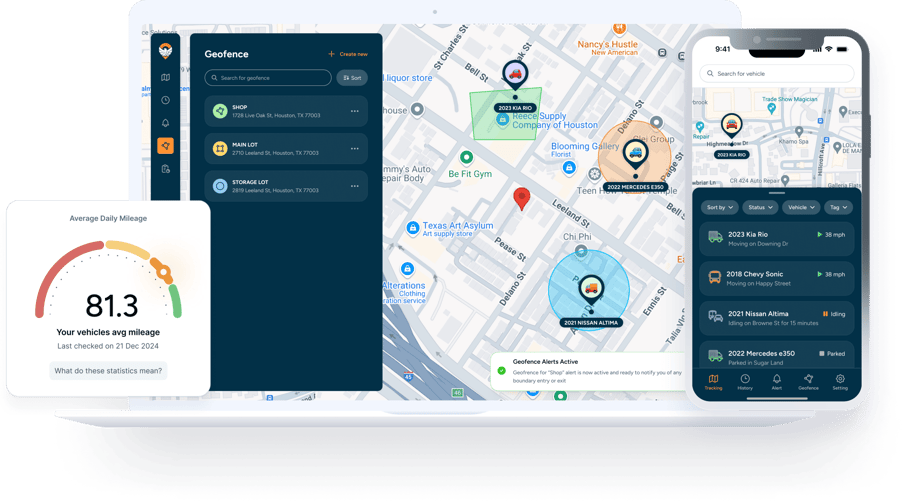 Trackhawk mobile and web platform showing vehicle tracking and geofence tools